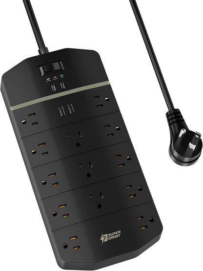 SUPERDANNY 15A Power Strip Surge Protector 5000 J with 13 AC Outlets 2 USB-A & 2 USB-C PD 20W Fast Charging Heavy Duty 14AWG/3C Industrial Grade 10ft Extension Cord for Workbench Home Office Black