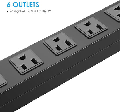 Metal Wall Mount Power Strip, Mountable Power Outlet with 6 AC Outlets, Aluminum Alloy Mount Power Socket with Switch, 10 FT SJT 3/C 14AWG Power Cord, 15A 125V 1875W (6AC) Black