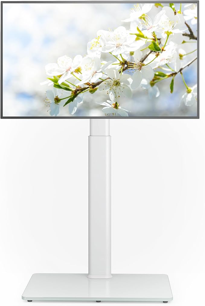 AX WABER Universal Floor TV Stand with Mount 70 Degree Swivel 9 Level Height Adjustable and Space Saving Design for Most 27 to 65 inch LCD, LED OLED TVs, Perfect for Corner & Bedroom White AX1006TW
