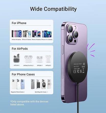 Magnetic Wireless Charger for iPhone 16/16 Pro/16 Plus/16 Pro Max,FDGAO 2 in 1 15W Fast Magnetic Charging Compatible with iPhone 15/14/13/12 Series and AirPods 4/3/Pro