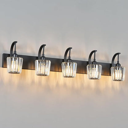 FDPBY Modern Bathroom Vanity Light, 5-Light Black Wall Sconce with Crystal Accents, Over Mirror Bathroom Lighting Fixture, 42.51" Long Dimmable Vanity Lamp for Makeup, Easy Installation