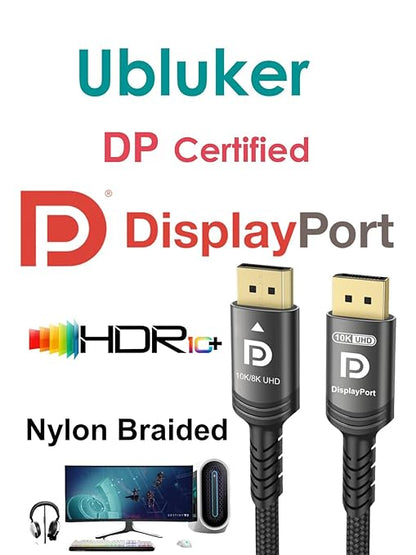 Ubluker 10K 8K DisplayPort 2.1 Cable 54Gbps 25 FT, Certified DP to DP Cord 4K 240Hz 165Hz 144Hz 120Hz 10K 8K 120Hz Nylon Braided UHBR HDCP2.3 FreeSync G-Sync RTX5090 Gaming Monitor PC Projector