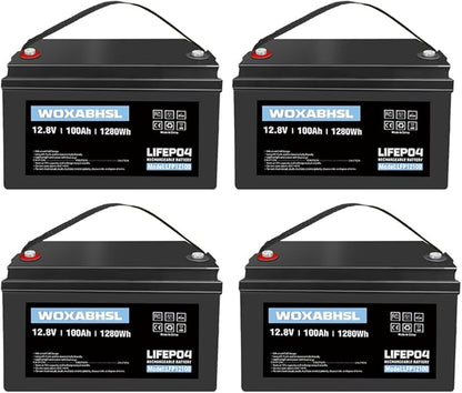 WOXABHSL 4 PCS 12V 100AH Lifepo4 Lithium Battery Up to 15000+ Deep Cycles, Buit in 100A BMS Perfect for Trolling Motors, Boat, Marine, Rv, Solar