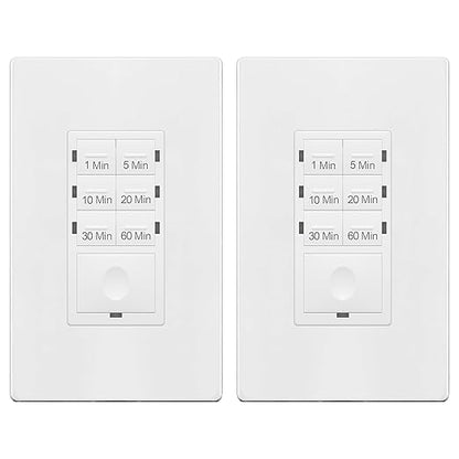 ENERLITES 1-Hour Light Switch Timer, Countdown Wall Timer for Bathroom Fans, Heaters, No Neutral Required, 1-5-10-20-30-60 Min, 120VAC 800W, UL Listed, HET06-J6-W, White, 2 Pack