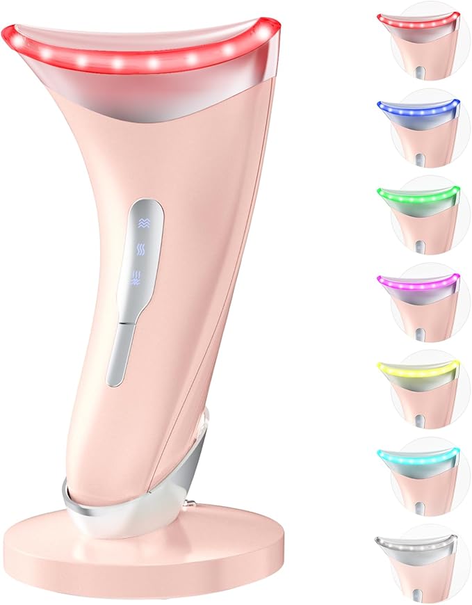 Dopsikn 7 Color Light Therapy Facial Massager with Adjustable Vibration and Thermals for Wrinkles, Double Chin, Red Light Skin Care Tool with Base, Pink