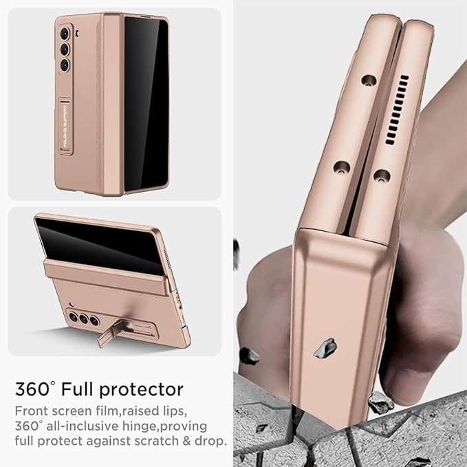 Miimall for Samsung Galaxy Z Fold 5 Case with Privacy Screen Protector, Built-in Adjustable Kickstand & Magnetic Hinge Protection All-Inclusive Protective Case for Galaxy Z Fold 5 5G(Champagne Gold)