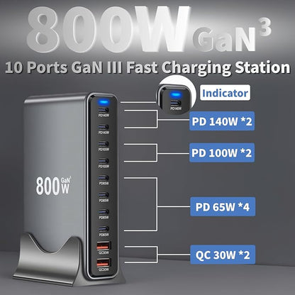 800W USB C Fast Charger Block, 10 Ports GaN III USB Chagring Station, Dual 140W PD PPS HUB for Multiple Devices, Laptop Adapter Compatible with MacBook Pro/Air iPad iPhone Pro Max, Galaxy, Dell, HP