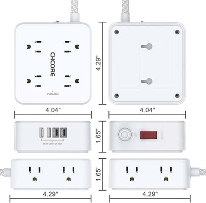 Surge Protector Power Strip - CHCORE 6Ft Braided Extension Cord with 8 Outlets with 4 USB (2 USB C) Charging Ports, Flat Plug Multi Plug Outlet Extender Charging Station for Home Office, ETL, White