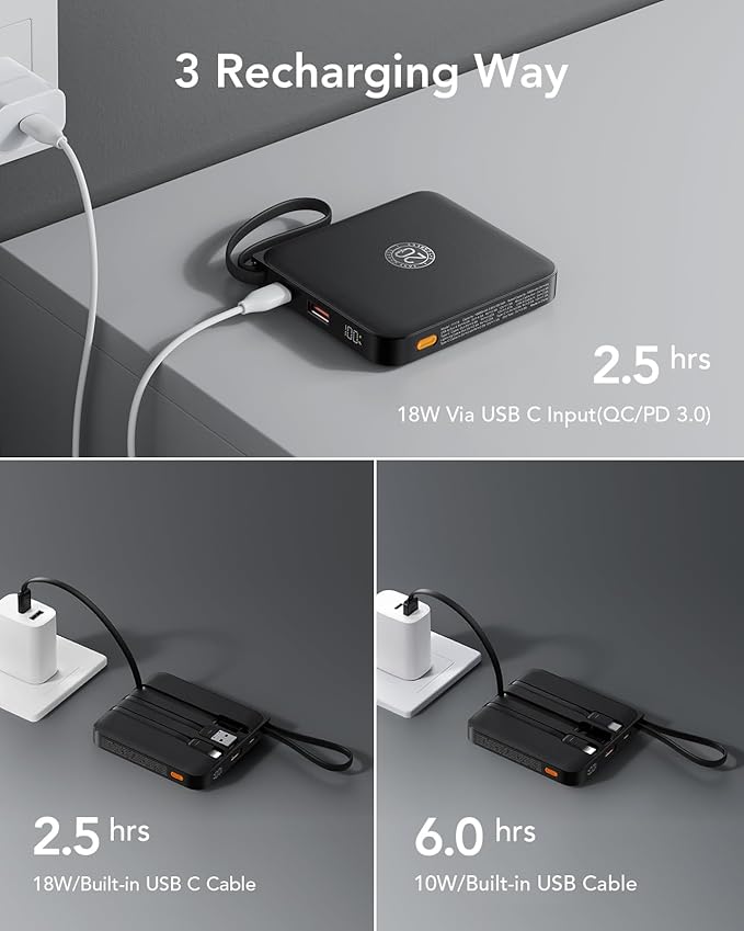 VRURC Portable Charger with Built-in Cable, 10000mAh 22.5W Fast Charging USB C Battery Pack, Cell Phone Power Bank for iPhone 16 15 14 Samsung Galaxy S25 S24 S23 Series Android Tablet, Black(1 Pack)