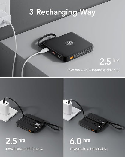 VRURC Portable Charger with Built-in Cable, 10000mAh 22.5W Fast Charging USB C Battery Pack, Cell Phone Power Bank for iPhone 16 15 14 Samsung Galaxy S25 S24 S23 Series Android Tablet, Black(1 Pack)