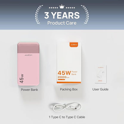 JUOVI J2621 Power Bank Portable Charger,20000mAh 45W PD3.0 QC 4.0 Fast Charging Battery Pack with LED Display,2 USB-C,2 USB-A for iPhone 15 16, MacBook (Pink)