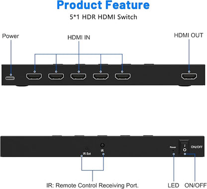 4K@60Hz 5 in 1 Out HDMI Switch, 5 Port HDMI Switcher Selector Support HDR10 & HDCP 2.2 & Full 3D with IR Remote Control and ON/Off Switch for Nintendo Switch,Xbox PS5/PS4,Fire Stick,Roku,Apple TV