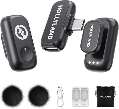 Hollyland Lark A1 Wireless Microphone for iPhone 15/16 & Android, 48kHz/24-bit, 3-Level Intelligent Noise Cancel, Magnetic Mini Microphone for YouTube, Podcast, Vlogging (Black, 2TX + USB-C RX)