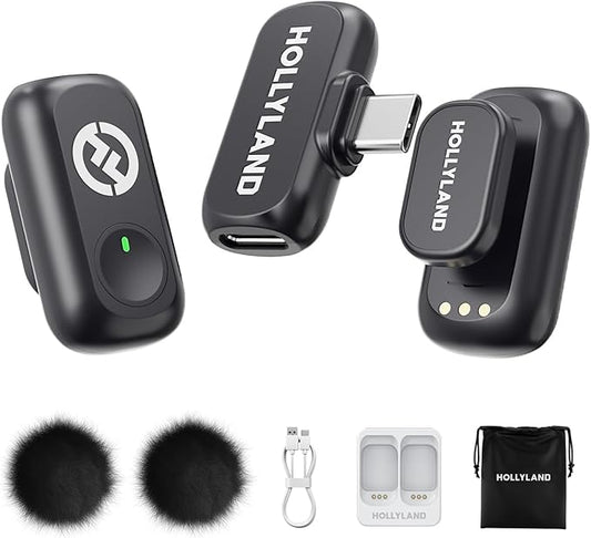 Hollyland Lark A1 Wireless Microphone for iPhone 15/16 & Android, 48kHz/24-bit, 3-Level Intelligent Noise Cancel, Magnetic Mini Microphone for YouTube, Podcast, Vlogging (Black, 2TX + USB-C RX)