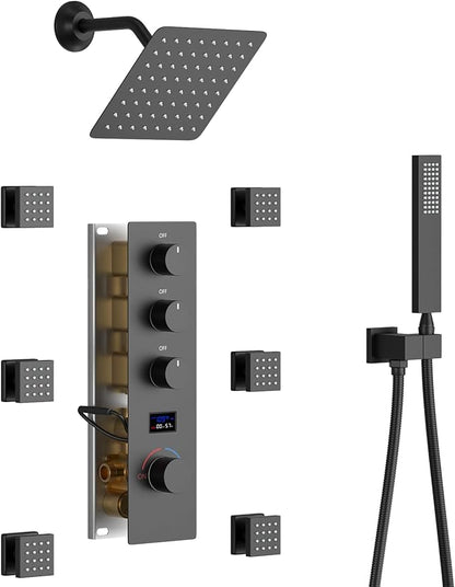 KATAIS Matte Black Tempreature Display Shower System with 6 PCS Body Jet, 8 inch Wall Mount Shower Head and Handheld Spray