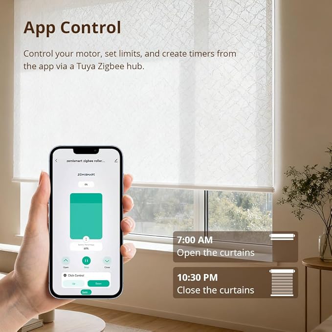 Blindsmart Rechargeable Tuya Zigbee Roller Blinds Motor for 38mm Tube, Motorized Window Shades Automatic Blinds Curtain Opener APP Control, Zigbee Hub Required (with 9-Channel Remote + Solar Pannel)