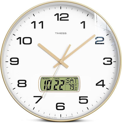 TIMESS Wall Clock, 10" Dial Non-Ticking Silent Battery Operated Analog with LCD Display for Perpetual Calendar and F° Temperature, Ideal Modern Home, Bedroom, Kitchen, Office Decor (Gold)
