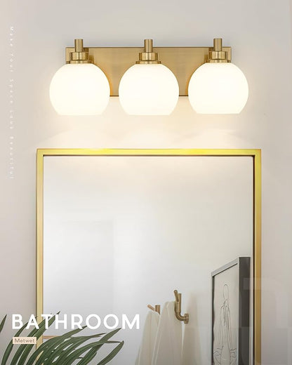 METWET Bathroom Light Fixtures, 3-Light Brushed Gold Vanity Light, Modern Wall Sconces with Milk White Globe Glass Shade, Vanity Lighting Fixtures Over Mirror, VL195-BG-ML-3