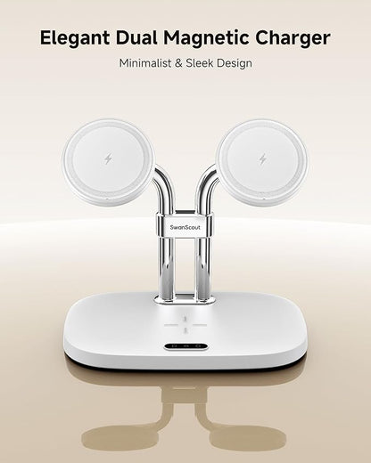 SwanScout Wireless Charger for iPhone Air/17, SwanScout 706M, Dual Magnetic Charger for iPhone 16/15/14/13/12 Series, Charging Station for AirPods Pro 3/2, AirPods 4/3rd (White)
