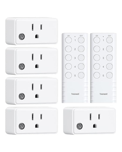 TREEWELL Remote Control Outlet, 200FT Long Range Wireless Light Switch, Mini Remote Outlet Plug, 15A/1875W High-Power for Lamps, Lights, Household Appliances, FCC & ETL Listed (5 Outlets + 2 Remotes)