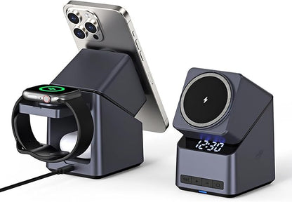 4-in-1 Charging Station Compatible with Magsafe, 15W Fast Wireless Charger Stand with LED Clock, Adjustable Metel Phone Stand for iPhone 16/15/14/13/12 Series, Apple Watch, AirPods