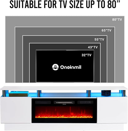 oneinmil Fireplace TV Stand with 36" Electric Fireplace,LED Light Entertainment Center,2 Tier TV Console Stand for TVs Up to 80",Fireplace for The Living Room TV Stand,White