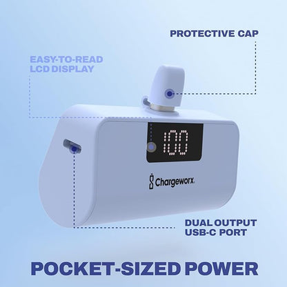 CHARGEWORX Mini Portable Charger Power Bank with Built-in USB-C Connector, Compact 5,000 mAh Power Bank with Fast-Charge Dual Output, Pass-Through Charging, LCD Display for Battery Status, Coral Blue