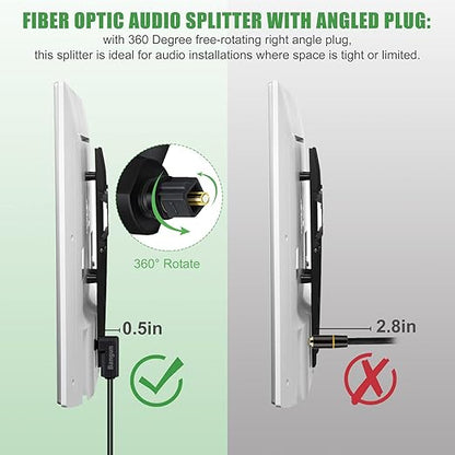 Bangun 90 Degree Optical Audio Splitter 1 in 2 Out Cable, Digital Toslink Fiber Optical Splitter Audio Adapter Cable (1 Male Input 2 Male Output) for TV, Soundbar, 6ft