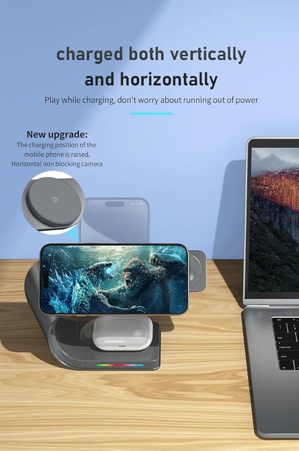 Wireless Charger, 3 in 1 Fast Charging Station for iPhone 15/14/13/12, Apple Watch, AirPods, 15W Magnetic Foldable Charging Dock, Portable Qi Wireless Charger Stand for Home, Office, Travel
