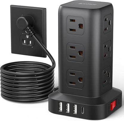 AnnTane Surge Protector Power Strip 10 FT Cord, Power Strip Tower with 4 USB Ports (1USB C), Extension Cord with 12 AC Multiple Outlets, Home Office Supplies Desk Accessories, Dorm Room Essentials