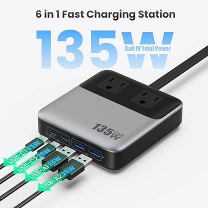 135W Charging Station USB C Power Strip,6-in-1 GaN USB C Charger Block with Plug &5ft Cord,2 AC,2 USB-A,2 USB-C,PD 65W Laptop Charger for MacBook,iPhone 16/15/14,Desktop Fast Charging for Home,Office