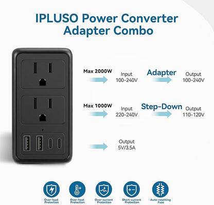 Upgraded 2000W 220V to 110V Voltage Converter US to Europe Travel Adapter for Hair Dryers with Fast Charging International Travel Adapter