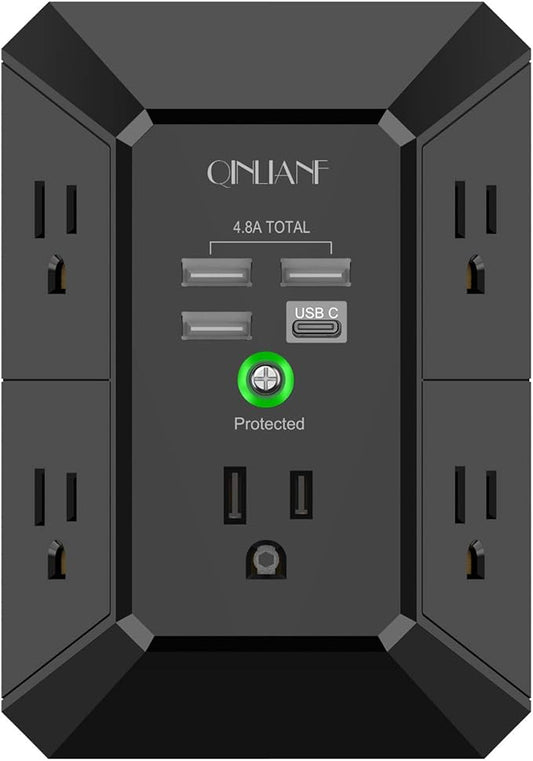 USB Wall Charger, Surge Protector, QINLIANF 5 Outlet Extender with 4 USB Charging Ports (4.8A Total) 3-Sided 1680J Power Strip Multi Plug Outlets Wall Adapter Spaced for Home Travel Office, Black