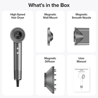 Hair Dryer, 150000 RPM Brushless Motor with 500M Negative Ions, Fast-Dry Lightweight Design, ThermoControl & Magnetic Nozzle/Diffuser, Low Noise Salon Blow Dryer for All Hair, Travel, Home