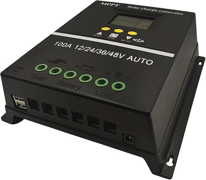 Saooer 100A MPPT Solar Charge Controller, 12/24/36/48V, LCD Display, Dual USB, Black