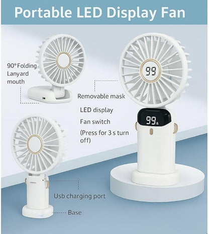AMPMG LED Digital Display Rechargeable Fan – Portable Handheld & Desk Fan with Adjustable Speeds, USB Charging, Quiet Operation, and Base Stand for Home, Office, Travel and Outdoor Use (White)