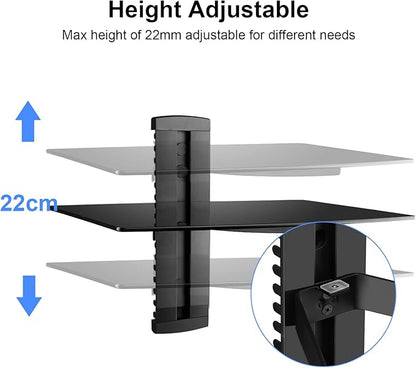 suptek Glass Floating Shelf, 1 Tier Media Shelf for TV Accessories, Flat Black Wall Mount Bracket, 17.6lbs Weight Capacity, Quick Installation, Cable Management, Custom Style, Backless