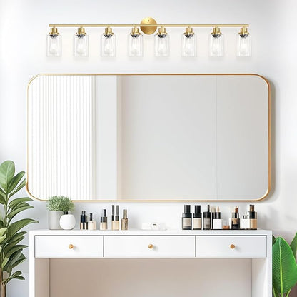 Guliaofo 8-Light Brushed Gold Vanity Lights for Bathroom, Lighting Fixtures Over Mirror with Clear Glass Shade, Modern Kitchen Light Fixtures Wall Lamps Sconce Light - E26 Base