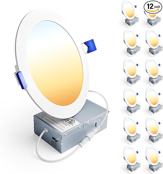 Ensenior 12 Pack 6 Inch LED Recessed Ceiling Light, Dimmable, 2700K-5000K 5CCT, 1200LM 12W 120V, High Brightness Canless Wafer Downlight - ETL&FCC&IC
