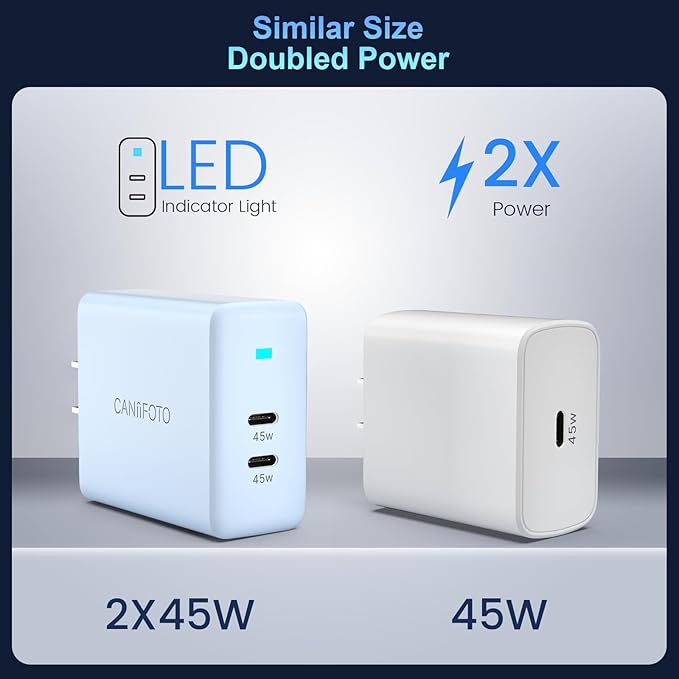 2Port 45W Super Fast Charger Type C, 2Pack 45W USB-C Charger Fast Charging for Samsung Galaxy S24 Ultra/S24+/S24/S23 Ultra/S23+/S22/S20/Note10+ with 2X 6.6ft Type C Cord (Blue)