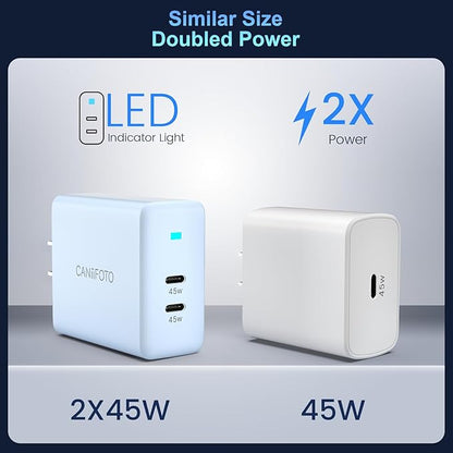 2Port 45W Super Fast Charger Type C, 2Pack 45W USB-C Charger Fast Charging for Samsung Galaxy S24 Ultra/S24+/S24/S23 Ultra/S23+/S22/S20/Note10+ with 2X 6.6ft Type C Cord (Blue)