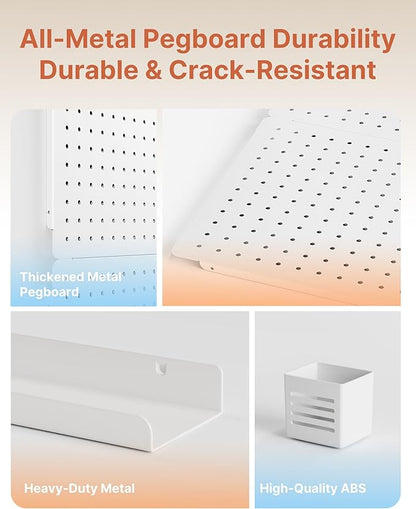 PEGZONE Pegboard Wall Organizer Combination Kit,Overall 33.1"x20.5" Metal Office Pegboard with 19 Accessories, Wall Mounted Peg board Display Panels for Home, Gaming Room, Garage (2Pcs,White)