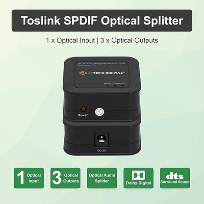 J-Tech Digital Toslink Optical Splitter 1 in 3 Out for TV, Toslink Splitter 1x3 Audio Splitter Supports LPCM2.0, Digital 5.1 Audio for Soundbar AV Receiver Gaming Console [JTD-SP0103]