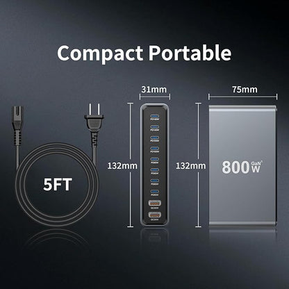 800W USB-C Charging Station GaN III 10-Port & 6.6ft 240W Cable, Compatible with iPhone, ipad, Samsung, Pixel, MacBook and Notebook etc.