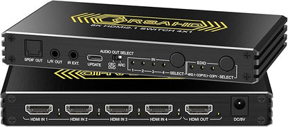 CORSAHD 4K@120Hz HDMI 2.1 Switch 4 in 1 Out with Audio Extractor,48Gbps,HDCP 2.3,HDR 10+,ARC,VRR,ALLM,CEC,IR Remote,Optical SPDIF 5.1Ch,AUX L/R 3.5mm 2.1Ch,HDMI Switcher 4x1,4 Port HDMI Selector