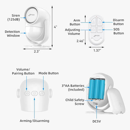 CPVAN 125dB Loud Motion Sensor Alarm with 328ft Remote Control (40ft PIR Detector, Batteries), Indoor Wireless Infrared Security Motion Detector with Siren for Home Garage Van (CP2 Pro, Whtie)