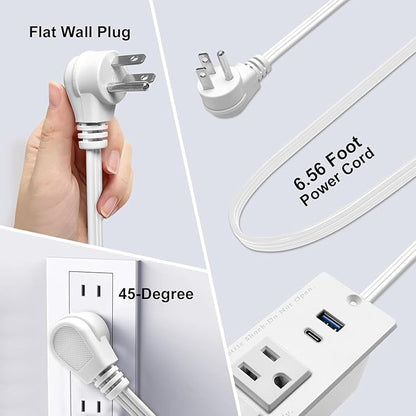 4 LEAF USB C Recessed Power Strip Fast Charge Desktop Power Station 2 Outlets 2 USB (PD20W & QC18W, Total 20W) Mountable Flat Plug 10'ft Extension Cord Mount for Tabletop Sofa Cabinet Nightstand