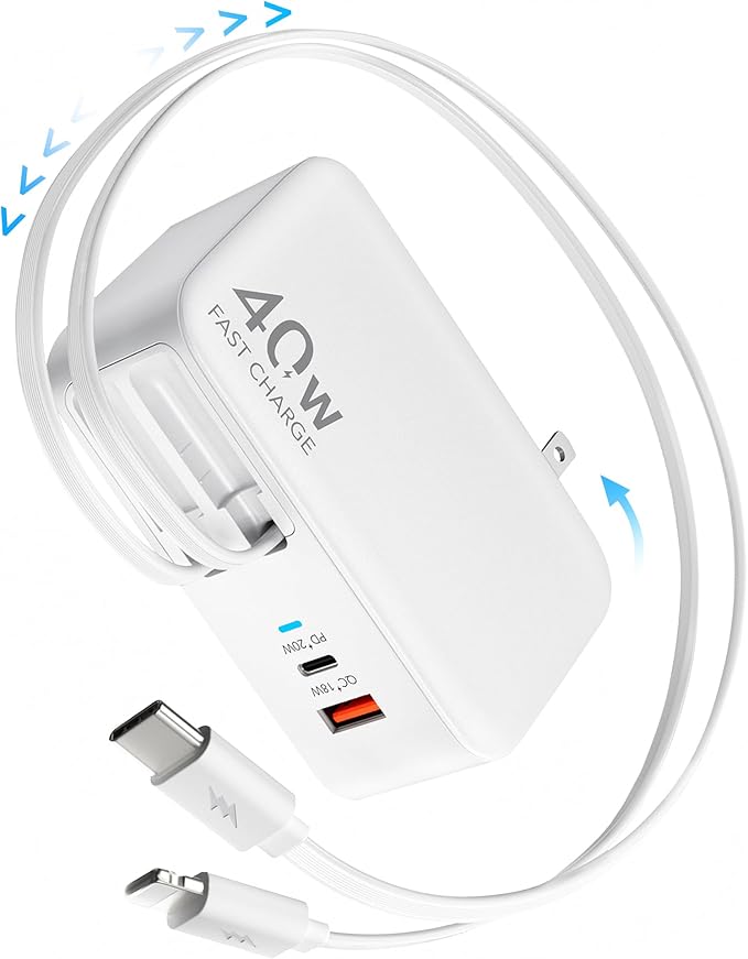 4-in-1 Retractable Gan Wall Charger Plug,Travel Essentials Brick Multiport USB Ports,3ft Lightening and Type C Cables,40W Multi Fast Charging Foldable Block for iPhone 16/15/14/13,iPad,Galaxy,Pixel