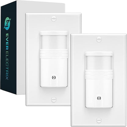 EverElectrix 2 Pack Motion Sensor Light Switch, Neutral Wire Required, Single Pole Only (Not 3-Way), Indoor in-Wall Occupancy Sensor with Wall Plate, Adjustable Timer, Title 24, UL Certified, White