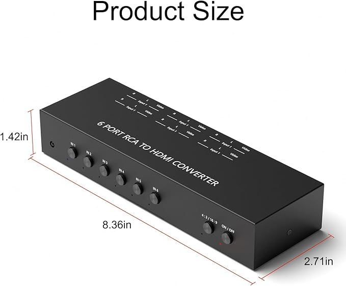 RuiPuo 6Port AV to HDMI Converter RCA/Composite/CVBS Adapter Support 16:9/4:3 Switch for Wii/N64/PS1/PS2/PS3/VHS/VCR/DVD Players etc (6Port RCA in to 1 HDMI Converter with IR Remote)